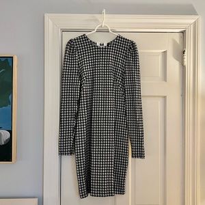 long-sleeved houndstooth sheath dress